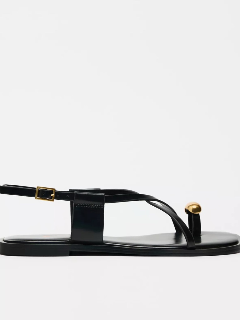 Zara Flat Scrappy Sandals With Gold Embellishment